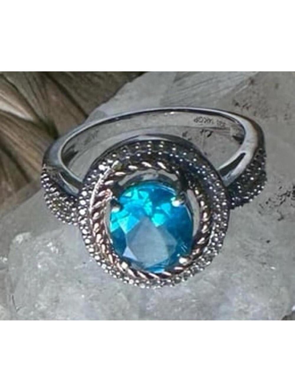 Stunning Ring 1.5 Ct Blue Topaz & Diamond 14k over SS 925 size 7 genuine